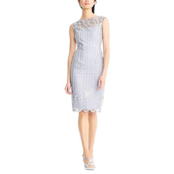 NEW ADRIANNA PAPELL sequin embroidery short party dress in silver - Picture 1 of 3